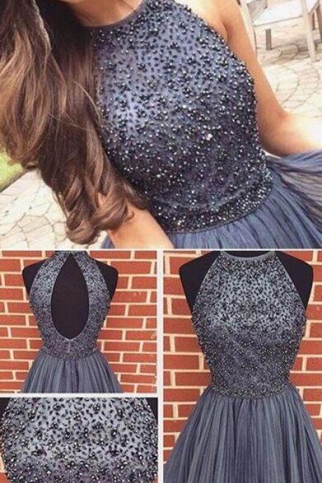 Beading Homecoming Dress,Tulle Homecoming Dress,Sexy Gray Prom Dresses ,Sexy Open Back grey sweet 16 gowns, grey Short Homecoming Dress with pearls