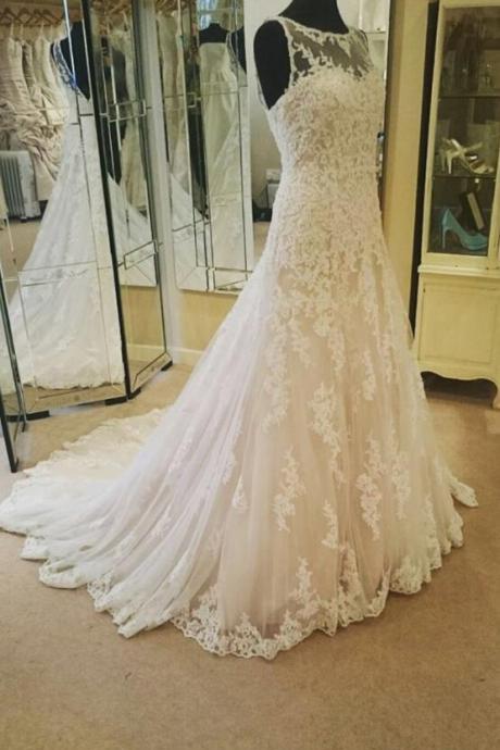 Illusion Neckline Ivory Wedding Dress,Lace Wedding Dress,Mermaid Backless Wedding Gowns Princess Wedding Dress For Bride,Sleeveless Formal Evening Dress
