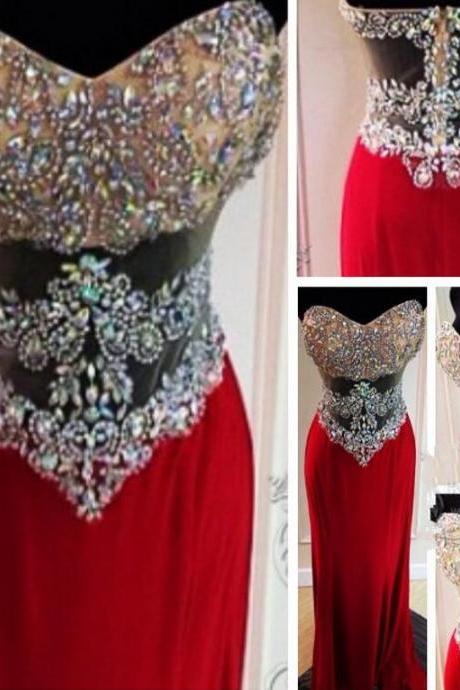 Sweetheart Prom Dress,wine Red Chiffon Prom Dresses,sexy Beading Prom Dress,long Crystal Rhinestone See Through Slim Prom Dress