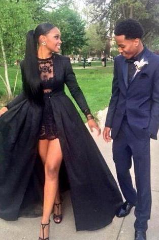 Sexy Two Piece Prom Dress,Cheap Prom Dress,See Through Black Lace Short Prom Dresses With Long Sleeve, Detachable Coat Floor Length Prom Dress,Sexy Evening Pageant dresses