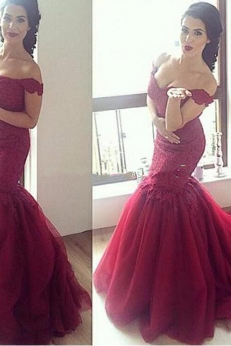 Burgundy Evening Dress, Burgundy Lace Prom Dress , Tulle Prom Dress,Off The Shoulder Burgundy Prom Dress, Sexy Mermaid Long Burgundy Party Dress, New Arrival Vintage Burgundy Lace Party Dress, Formal Party Dress , Sweep Train Pageant Runway Dress
