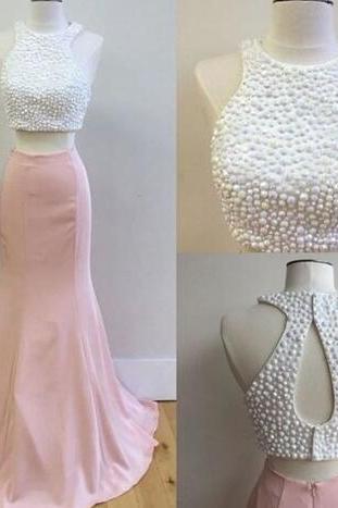 Two-Piece Halter Beaded Mermaid Long Prom, Evening Dress Featuring Keyhole Back
