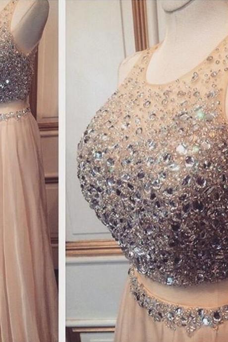 Beading Prom Dress,Chiffon Prom Dress,Sexy Prom Dress,Two Piece Prom Dresses,Sleeveless Luxury Crystal Two Piece Prom Dress,Halter Prom Gown,Long Evening Dress 
