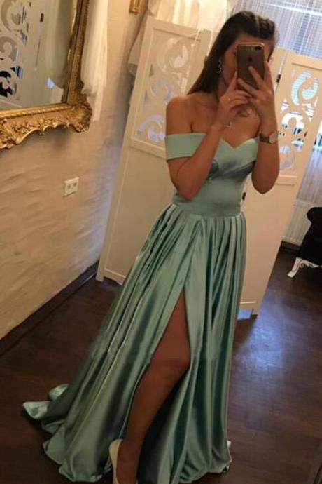 Off the Shoulder Long Prom Dress, Cheap Prom Dress,Simple Prom Evening Dress, Slit Prom Dress, Satin Prom Dress, Custom Made Prom Dresses, Prom Dresses 2018