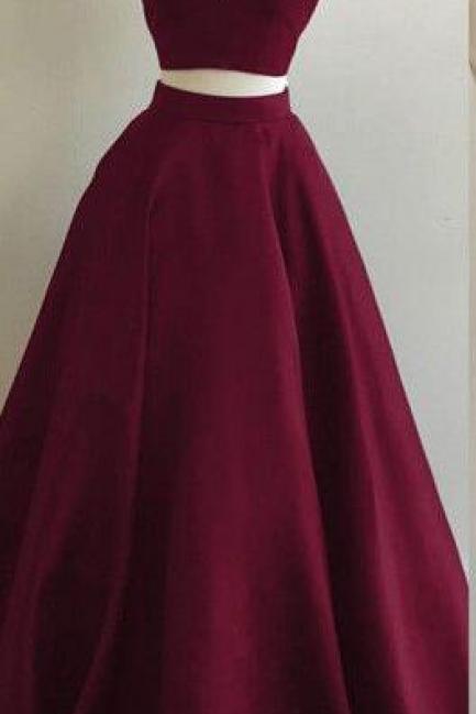 Burgundy Prom Dress,Simple Prom Dress,Cheap Prom Dress,Two-Piece Prom Dresses Straps Sleeveless Puffy A-line Evening Gowns