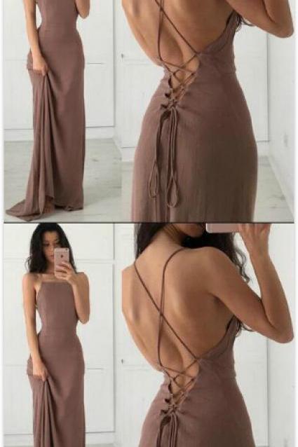 Sexy Backless Prom Dress,Cheap Prom Dress,Simple Prom Dress,Long Brown Prom Dress/Evening Dress with Open Back