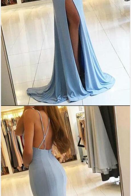 Sky Blue Prom Dresses, Chiffon Prom Dress,Sexy Prom Dress,Slit Long Prom Dress, Open Back Prom Dresses, Gorgeous Sleeveless Mermaid Evening Dress, Charming Prom Gowns, Woman Formal Gowns