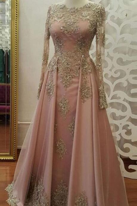 Sexy Long Prom Dresses With Gold Lace, Long Sleeve Prom Dress,sexy Evening Dress, Beadings Floor Length Satin Formal Party Gowns, Lace Evening