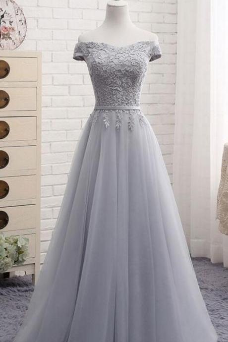Tulle Lace Prom Gown, A Line Prom Dress, Prom Dress,prom Evening Dress, Formal Dresses, Cute A Line Gray Lace Off Shoulder Prom Dress, Lace