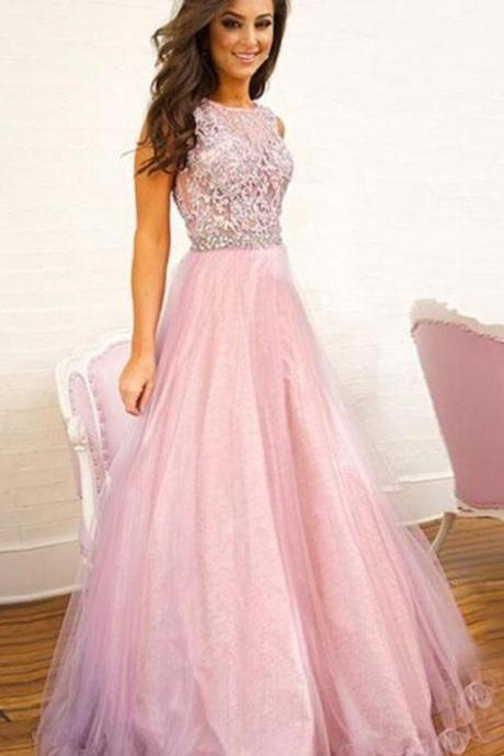 Pink Lace Prom Dress,Cheap Prom Dress,Sexy prom Dress,tulle long prom dress, pink evening dress , Formal Dress