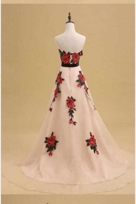Floor Length Chiffon Prom Dress,rose Embroidered Prom Dress, Prom Dress,a-line Prom Dress ,featuring Sweetheart Bodice And Chapel Train Prom