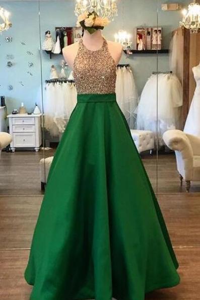 Halter Neckline Prom Dress,beading Prom Dress,stain Prom Dress,green Prom Dress,handmade Beaded Evening Dress
