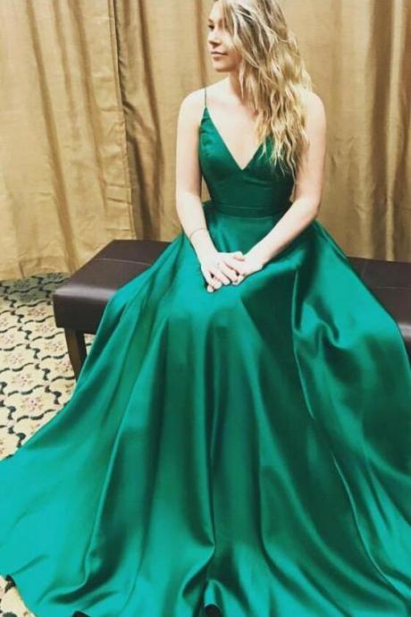 Spaghetti Straps Green Prom Dress,Sexy Evening Dress,A line Prom Dress,Cheap Prom Dress,Sexy Open Back Prom Dress,High Quality Green Prom Gown