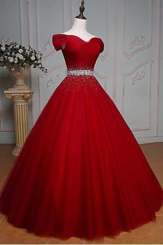 Off Shoulder Red Prom Dress,ball Gown Prom Dress, Prom Dress,beading Prom Dress,red Tulle Evening Dress,sexy Off Shoulder Sleeves Red Graduation