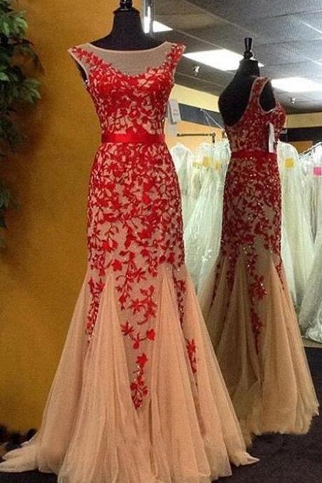 Mermaid Red Prom Dress,tulle Prom Dress,sexy Prom Dress,lace Evening Dress,sexy Prom Dress,red Lace Prom Gown