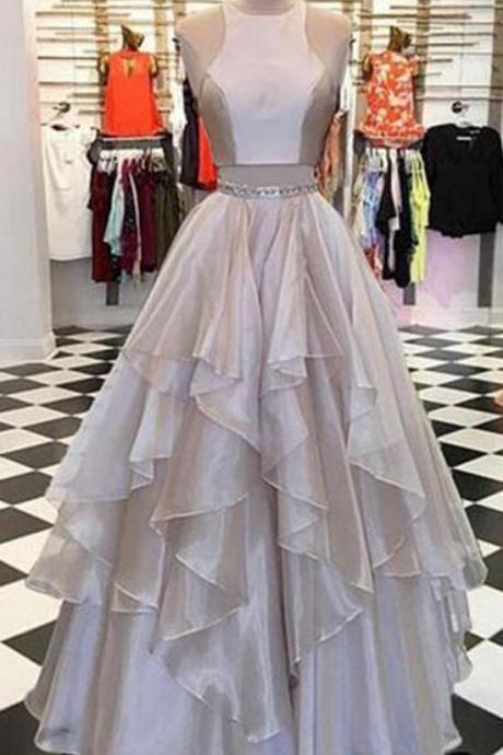 Light Gray Prom Dress, Prom Dress,a Line Prom Dress,long Prom Dress,two Pieces Beaded Belt Long Halter Homecoming Dresses