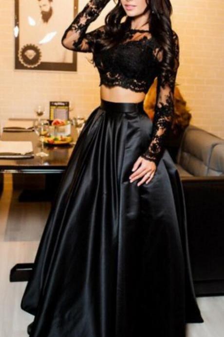 Two Pieces A-line Prom Dresses,2018 Prom Dress,Long Sleeves Prom Dresses,Black Prom Dresses,Applique Prom Dresses,Evening Dresses,Party Dresses