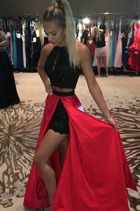 High Neck Prom Dress, Lace Prom Dress, Two Pieces Prom Dress, Black Red Two Piece Prom Dress, Shorts Prom Dress, Pageant Dresses, Senior Prom Dress, Homecoming Dress, Prom Dress for Teens