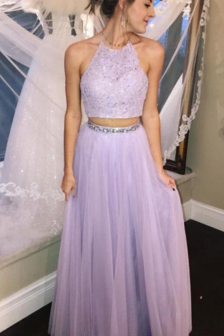 Lavender Two Piece Prom Dress,Halter Lace Prom Dress,A Line Prom Dress,Cheap Prom Dress,2018 Evening Dress