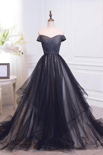 Black Prom Dress,tulle Prom Dress, Prom Dress,off Shoulder Sleeves Prom Dress,tiered Skirt Black Tulle Evening Party Dress