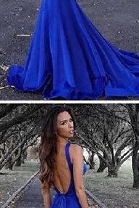 long prom dress, Sexy Backless prom dress, royal blue evening dresses,cheap prom dress