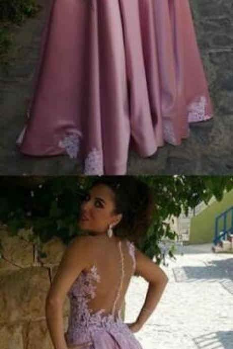 Appliques Pink Prom Dress,lace Prom Dress, Prom Dress,long Prom Dress, Backless Prom Gowns ,sexy Evening Dress
