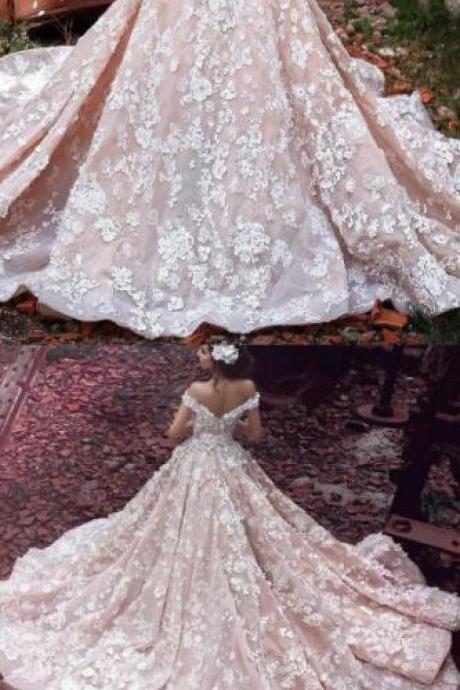 Off Shoulder Wedding Dress,luxurious Lace Wedding Dress, Wedding Dress,watteau Train Short Sleeves Organza Wedding Dress With Lace