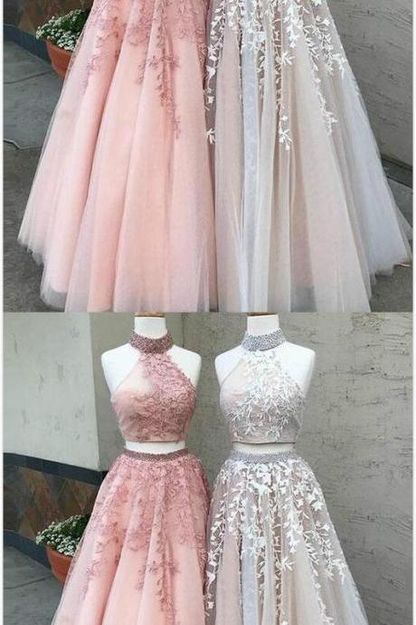 TWO PIECES prom dress,sexy prom dress,a line prom dress,TULLE LONG PROM DRESS, LACE EVENING DRESS