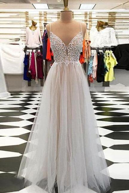 Champagne Tulle Prom Dress, Prom Dress,long Prom Dress,a Line V Neck Tulle Long Prom Dress, Champagne Evening Dress Prom Gowns, Formal Women