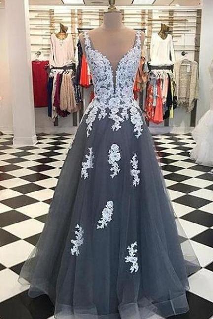 Gray Tulle Prom Dress, Prom Dress,tulle Prom Dress,sexy Prom Dress,lace Long Prom Dress, Lace Evening Dress
