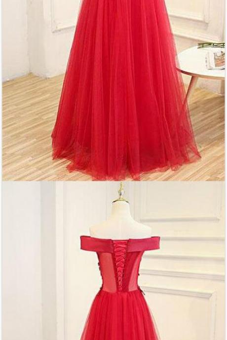 Elegant Red Prom Dress,Tulle Evening Dress,A Line Prom Gown,Applique Off The Shoulder Prom Dress,Red Tulle Evening Dresses