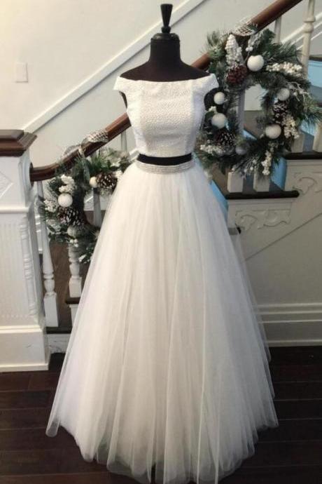 White Two-piece Prom Dress,tulle Prom Dress,sexy Prom Dress,beaded Long Prom Dress,off Shoulder Tulle Floor-length Evening Dress