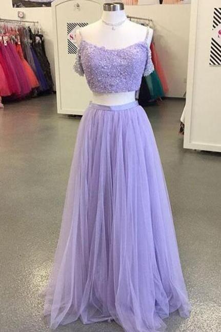 Light Purple Prom Dress,Cheap Prom Dress,Lace Prom Dress,Tulle Long Prom Dress,Two-Piece Lace Evening Dress,Off The Shoulder Prom Party Gowns