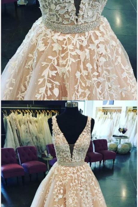 Lace Applique Prom Dress,A Line Prom Dress,CHeap Prom Dress,V-Neck Long Prom Dress,Champagne Sleeveless Tulle Formal Dress,2018 Evening Dress