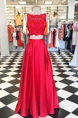 Two Piece Red Prom Dresses, Lace Prom Dress, Prom Dress,charming Prom Dress, Long Evening Dress, Formal Gown