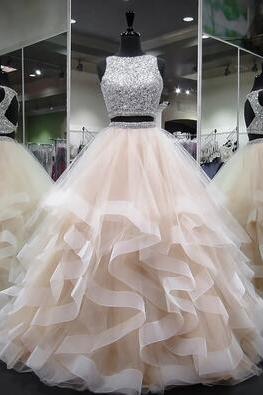 Beading Two Piece Prom Dress,sexy Prom Dress,a Ling Prom Dress,sexy Evening Dress,tulle Prom Dress, Long Evening Dress