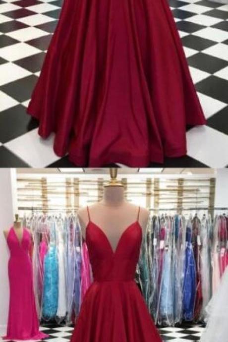 Simple A-Line Prom Dress,V Neck Prom Dress,Chiffon Prom Dress,Spaghetti Straps Burgundy Prom Dress,Satin Long Prom/Evening Dress 