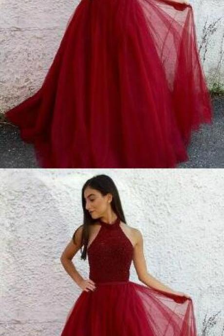 Sexy Open Back Prom Dress,beading Prom Dress,Red Prom Dress,Red Graduation Dress,Halter Neckline Red Open Back Prom Party Dress 