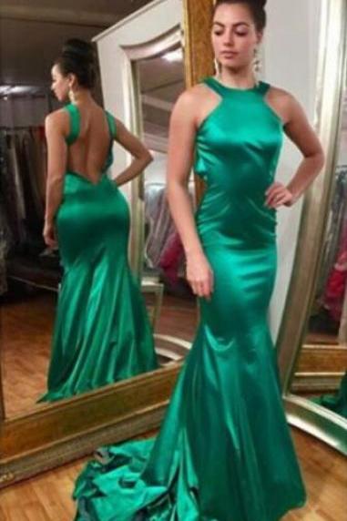 Custom Made Prom Dress,Long Mermaid Style Prom Dress,Sexy Evening Dress,Green Halter Backless Prom Dress,Satin Mermaid Prom Dress,Evening Gowns, Formal Gown Sweep Train