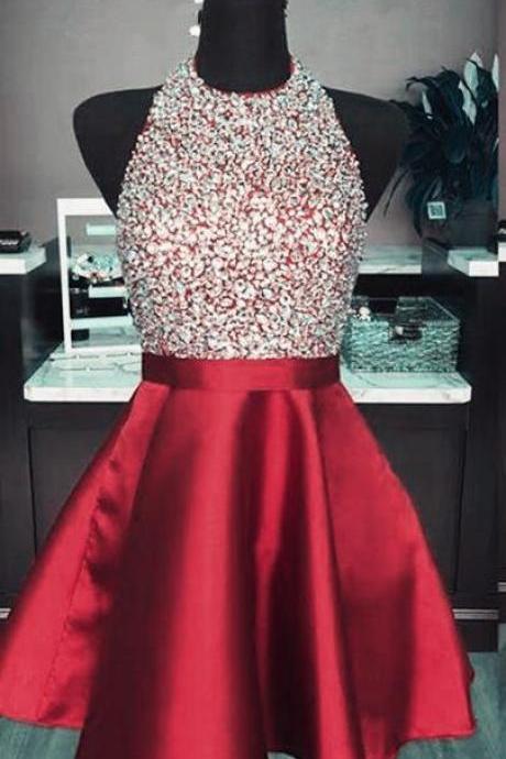 Burgundy Homecoming Dress,sexy Prom Dress,halter Beaded Prom Dress,stain Prom Dress,short Prom Dress, Sexy Cocktail Dresses,