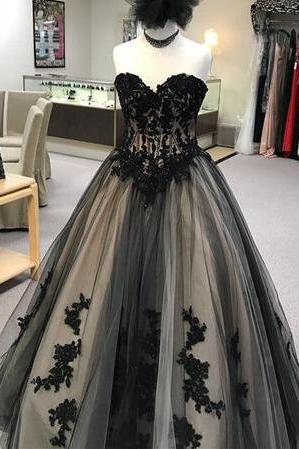 Charming Black Prom Dress,sexy Prom Dress,a Line Prom Dress,appliques Tulle Prom Dress, Sexy Sweetheart Prom Dresses, Long Evening Dress