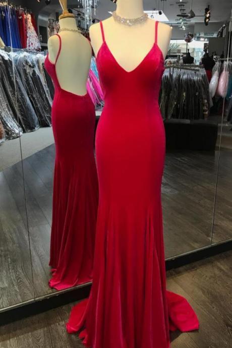 Sexy Backless Prom Dresses, Red Mermaid Prom Dress, Simple Prom Dress,Long Spaghetti Straps Evening Party Dress