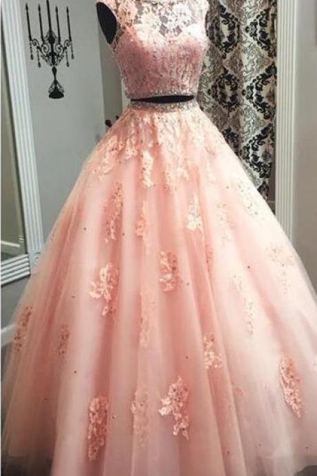 Two Piece Pink Prom Dress, Appliques Tulle Prom Dress, Prom Dress,lace Prom Dress,elegant Beaded Long Prom Dresses, Long Evening Dress