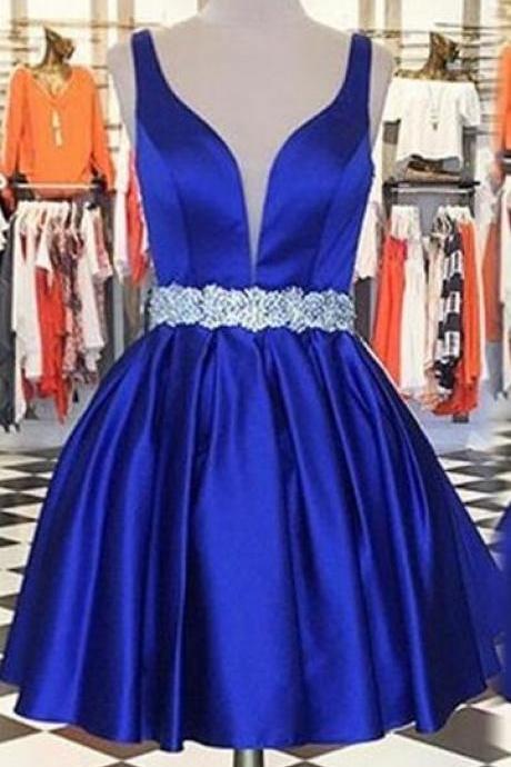 Royal Blue Homecoming Dress,sleeveless Homecoming Dress,matte Satin Homecoming Dresses, A Lines Beaded Mini O-neck Open Back A Lines,short Prom