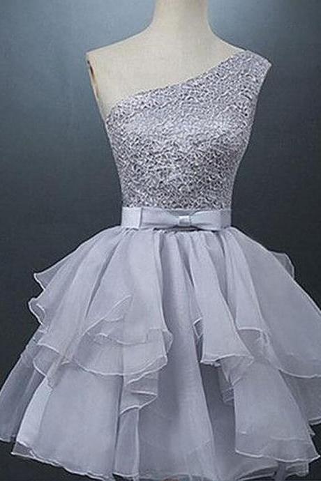Grey Homecoming Dress,sexy Homecoming Dress,organza Homecoming Dresses ,tulle Prom Dress,a Lines Beadings Short One Sleeve Laced Up A Lines