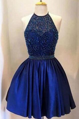 Royal Blue Homecoming Dress,Beading Homecoming Dress,Sexy Prom Dress,Taffeta with Beading, Stain Prom Dress,High Neck Bodice Halter Homecoming Dresses