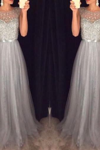 Shiny grey prom dresses,Sexy prom Dress,Beading Prom Dress,A-line beading tulle prom dress, evening formal gowns