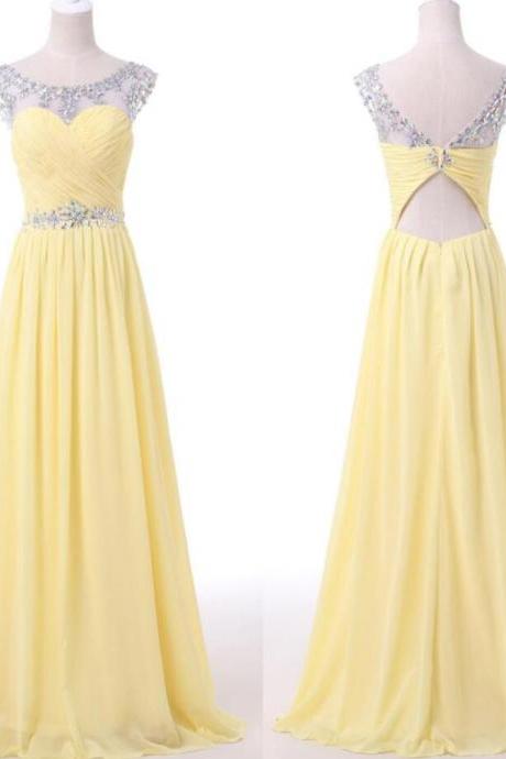 Open Back Evening Dress,Chiffon Prom Dress,Beading Prom Dress,Sexy Prom Dress,Backless Prom Dress,Sequined Evening Gowns,Yellow Formal Dress