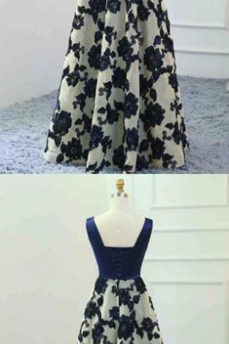 Long Prom Dress,Navy Blue Prom Dress,Cheap Prom Dress,Sleeveless V Neck Floral A-line Floor-Length Prom Dress, Evening Dress Featuring Lace-Up Back