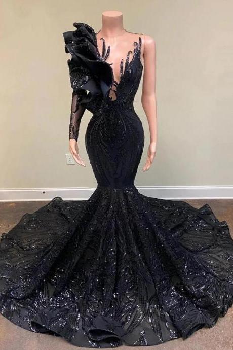 Sexy Elegant Mermaid Black Sequin Applique Prom Dresses